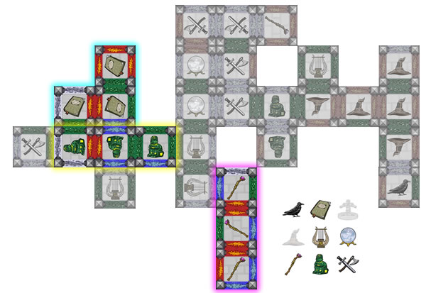 Lori has three groups of three artifacts, each worth one point.